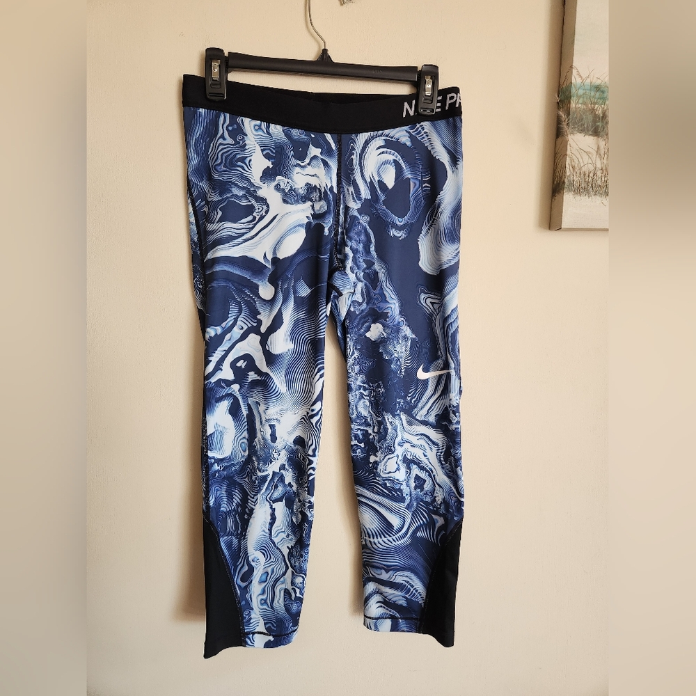 Nike Dri Fit Workout Capri Leggings Blue White Swirl Large Womens